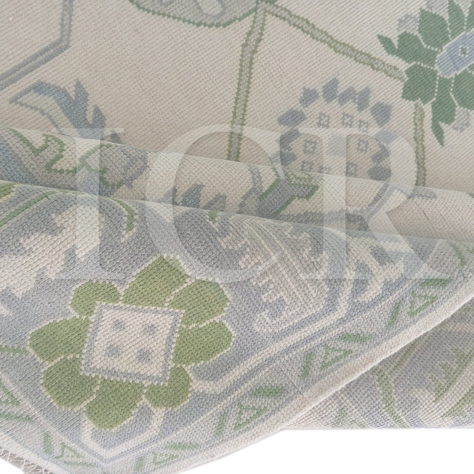 Ivory & Sage Green Oushak-Style Rug – Traditional Floral Design with Blue Accents | Vintage Turkish-Inspired Area Rug