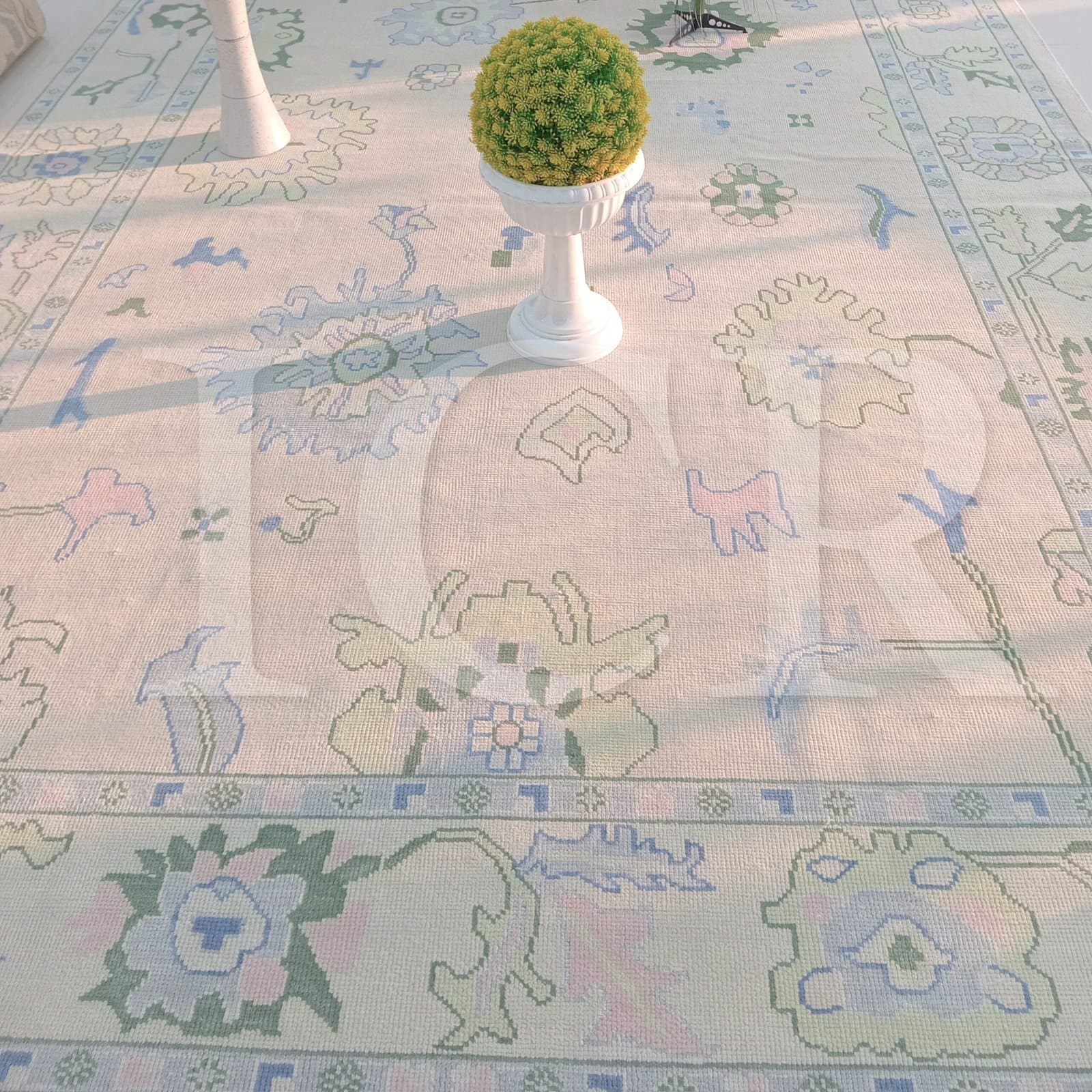Cream & Sage Green Floral Rug – Vintage-Inspired Botanical Design with Blue & Pink Accents | Traditional Pastel Area Rug